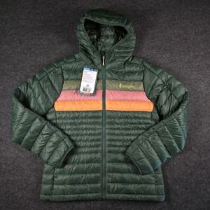 Cotopaxi Green Fuego Down Hooded Jacket Cargo Stripes 800 FP Colorblock Womens S